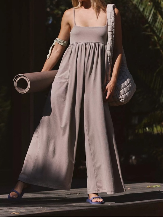 FP Movement by Free People Pants - FP Movement by Free People Taupe Wide-Leg Spaghetti-Strap Jumpsuit